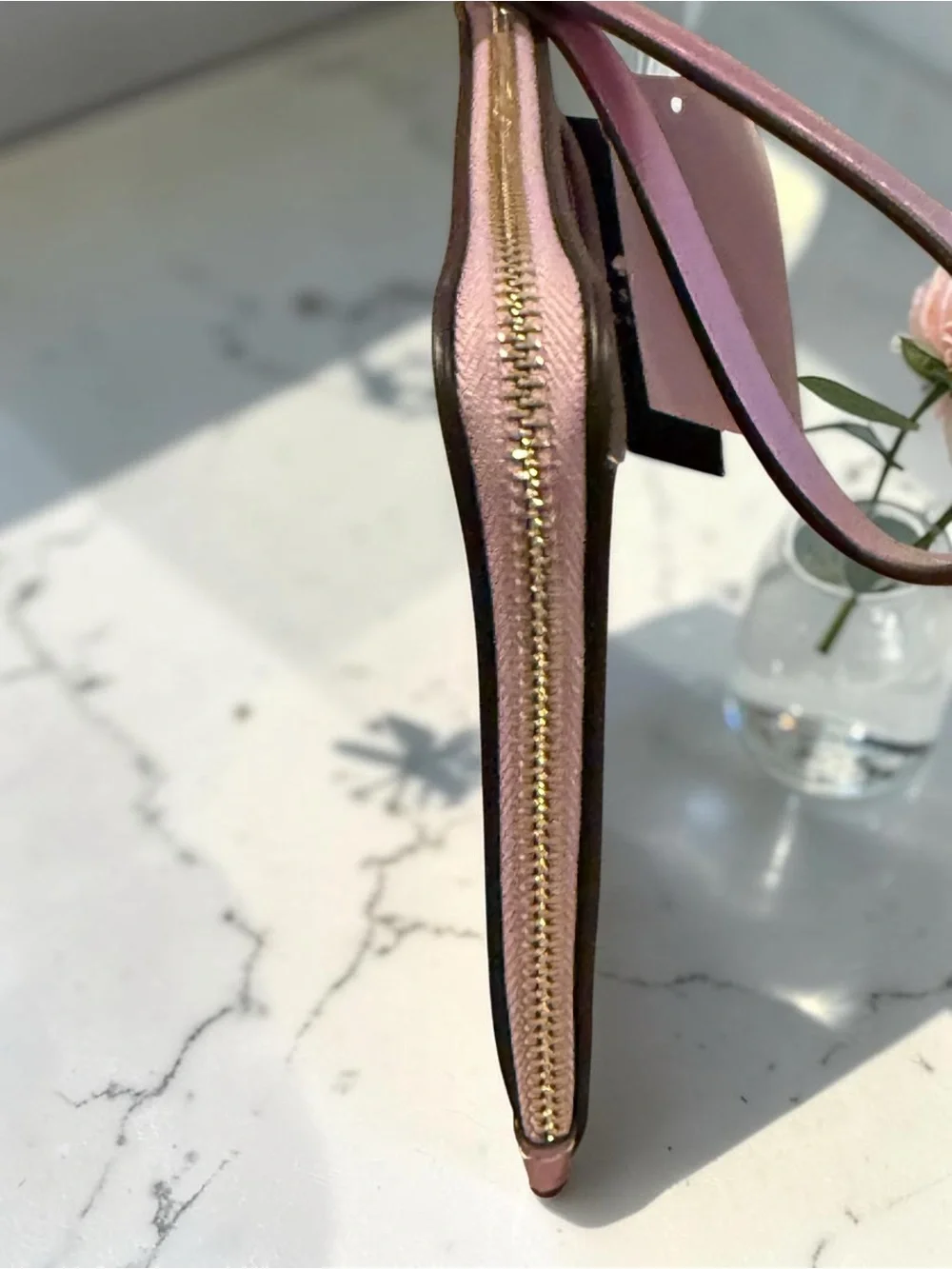 kate spade metallic pink zip-around wristlet wallet with gold logo& gift box NWT